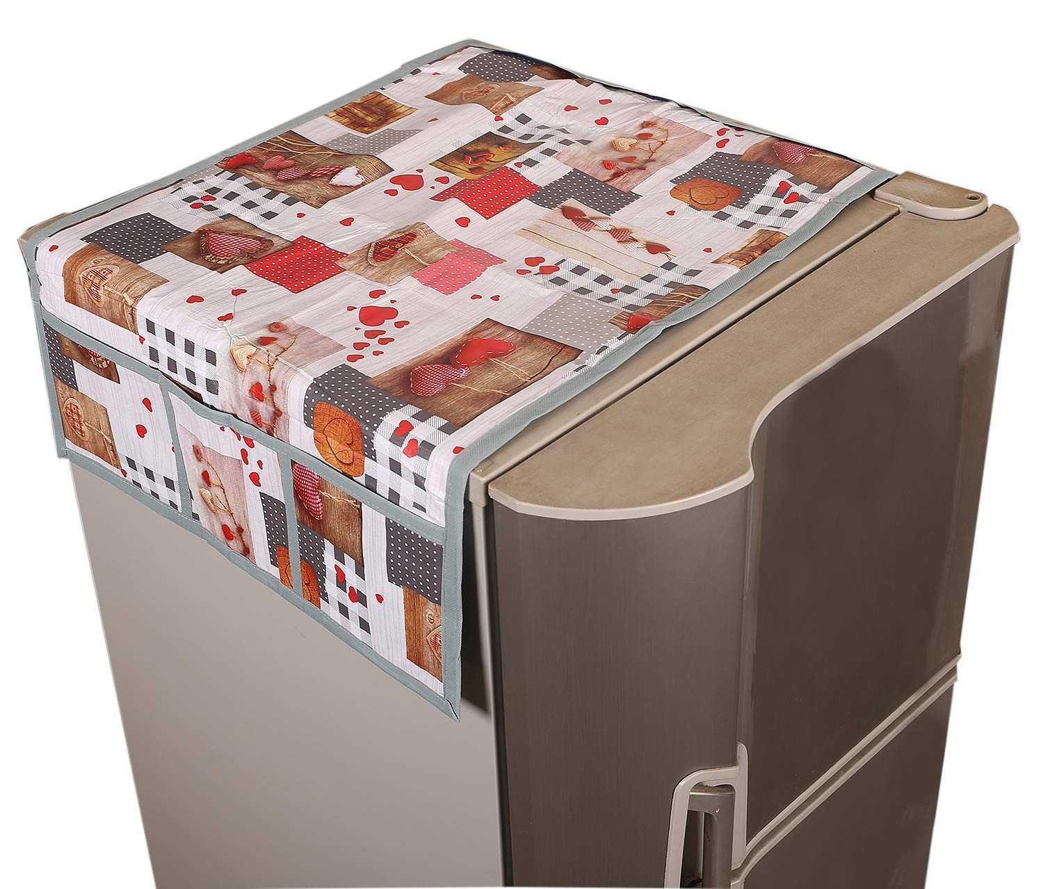 Tiksha Enterprises  Heart Print Fridge Cover With Side Pockets|Fridge Top Cover|Refrigerator Double Door Cover|Washable Cotton Material|6 Utility Pockets Cream