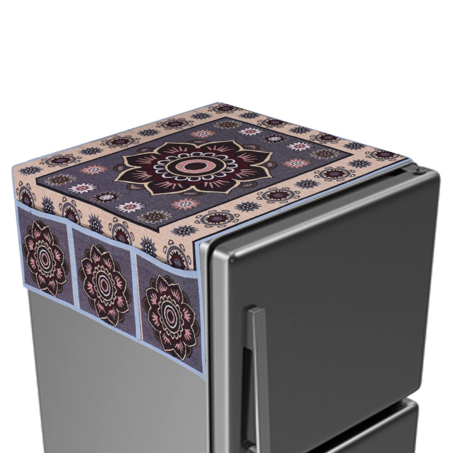 Tiksha Enterprises Rangoli Print Fridge Cover With Side Pockets|Fridge Top Cover|Refrigerator Double Door Cover|Washable Cotton Material|6 Utility Pockets Grey