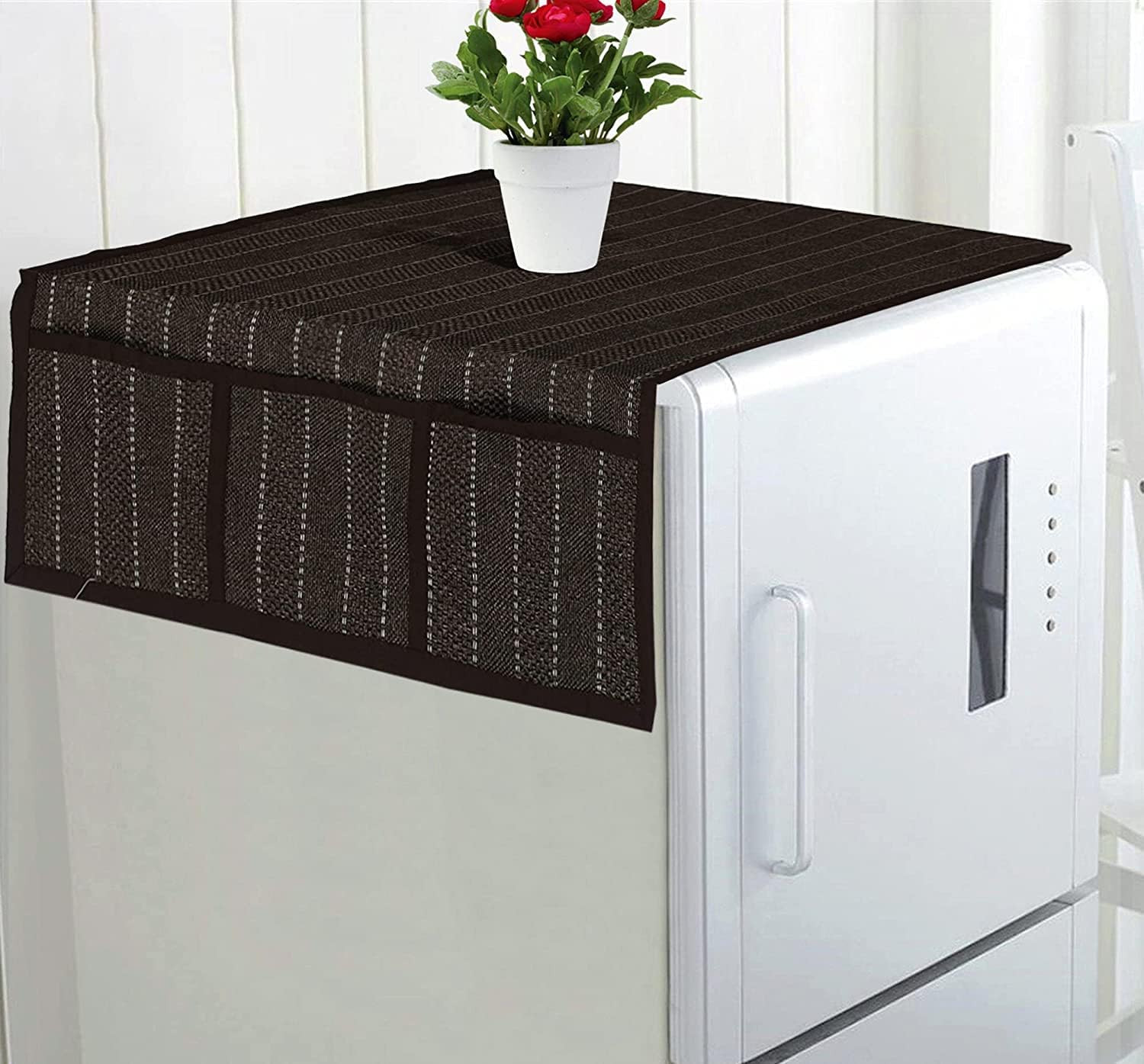Tiksha Enterprises Lining Print Fridge Cover With Side Pockets|Fridge Top Cover|Refrigerator Double Door Cover|Washable Cotton Material|6 Utility Pockets Brown