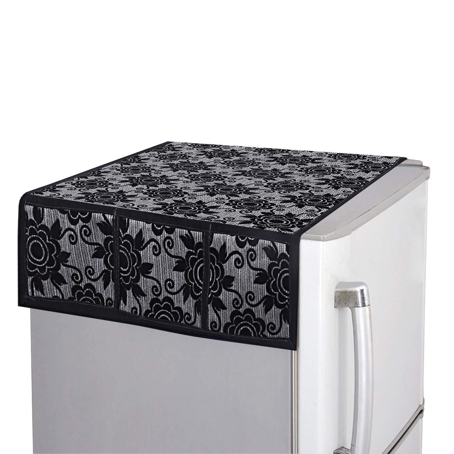 Tiksha Enterprises Fridge Single Door Top Cover|Floral Print & Cotton Material|6 Utility Side Pockets With Plain Border|Size 94 x 54 CM, Pack of 1 Black