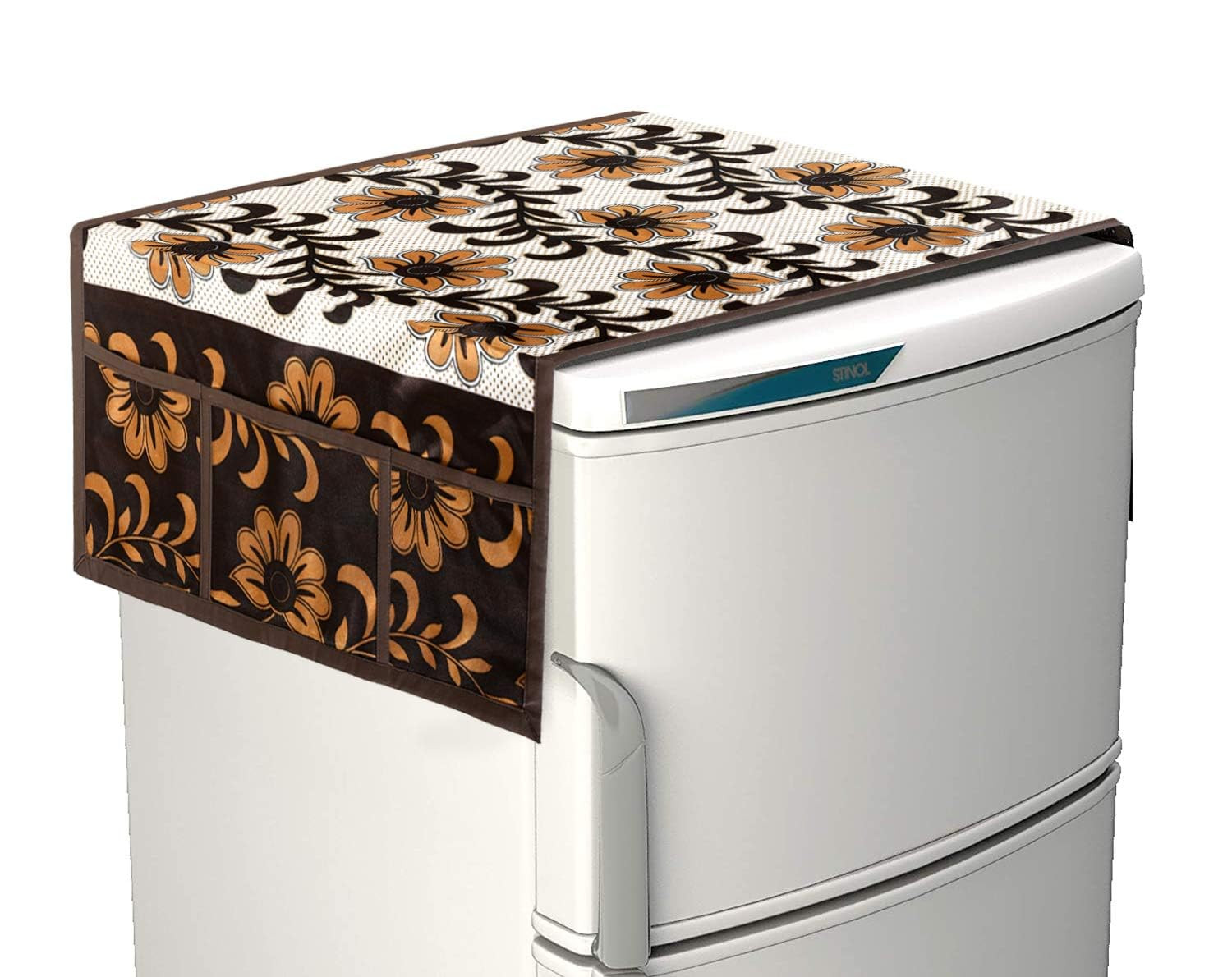 Tiksha Enterprises Floral Print Fridge Cover With Side Pockets|Fridge Top Cover|Refrigerator Double Door over|Washable Cotton Material|6 Utility Pockets Cream & Brown
