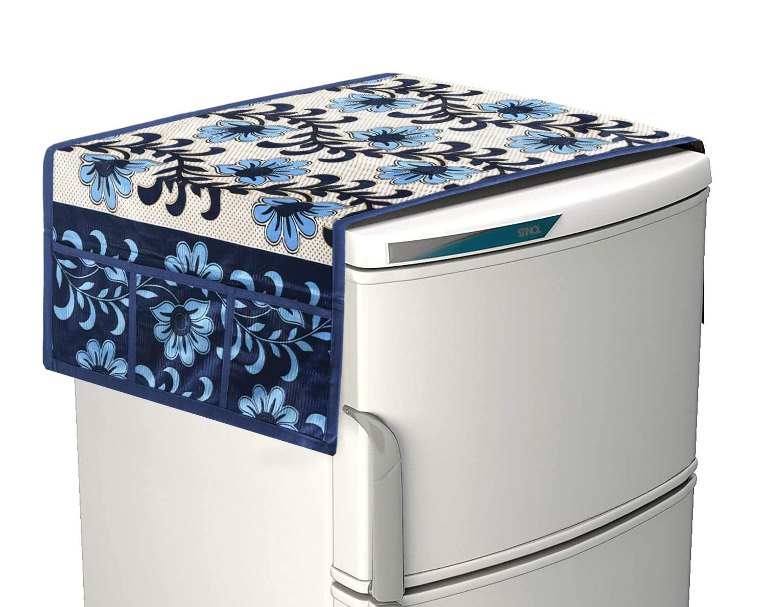 Tiksha Enterprises  Floral Print Fridge Cover With Side Pockets|Fridge Top Cover|Refrigerator Single Door Cover|Washable Cotton Material|6 Utility Pockets Cream & Blue